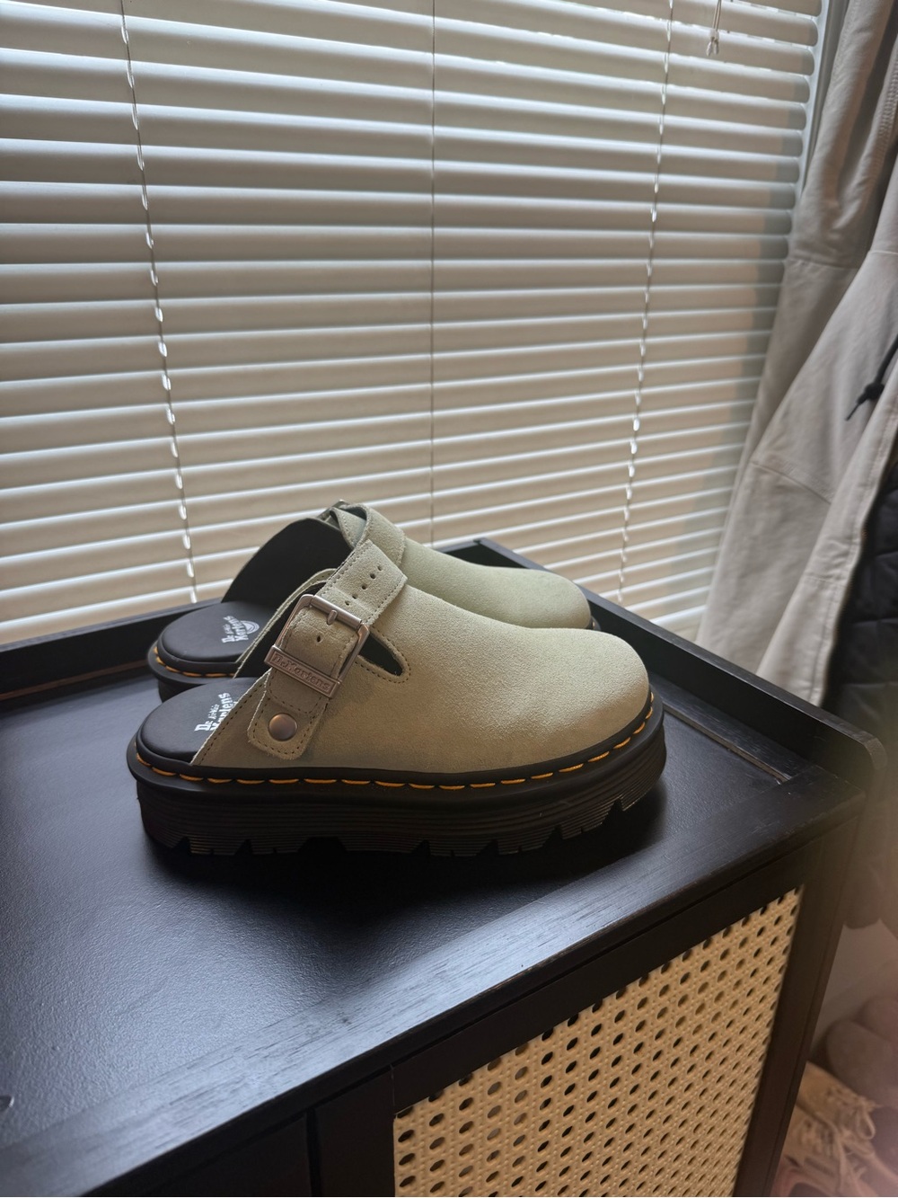 Dr. Martens Sage Green Suede Clog with Yellow Welt Stitching